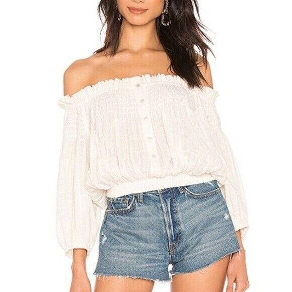 WE THE FREE Dancing Till Dawn Top Size S White Puff Sleeve Off The Shoulder 16-6 - Picture 1 of 11